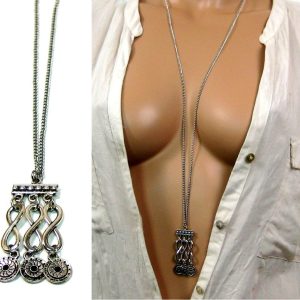 Collier long sautoir style tribal métal et acier