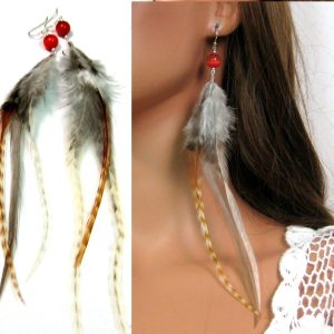 Boucles d&rsquo;oreilles plume et perles orange
