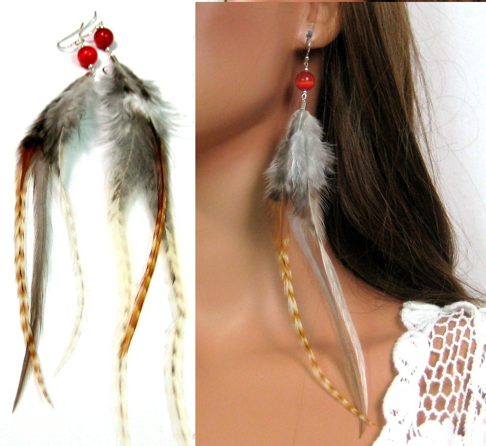 Boucles d’oreilles plume et perles orange – Image 2