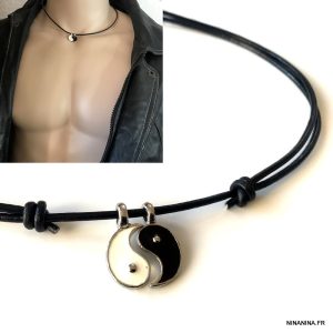 Collier yin et yang blanc et noir cordon cuir réglable