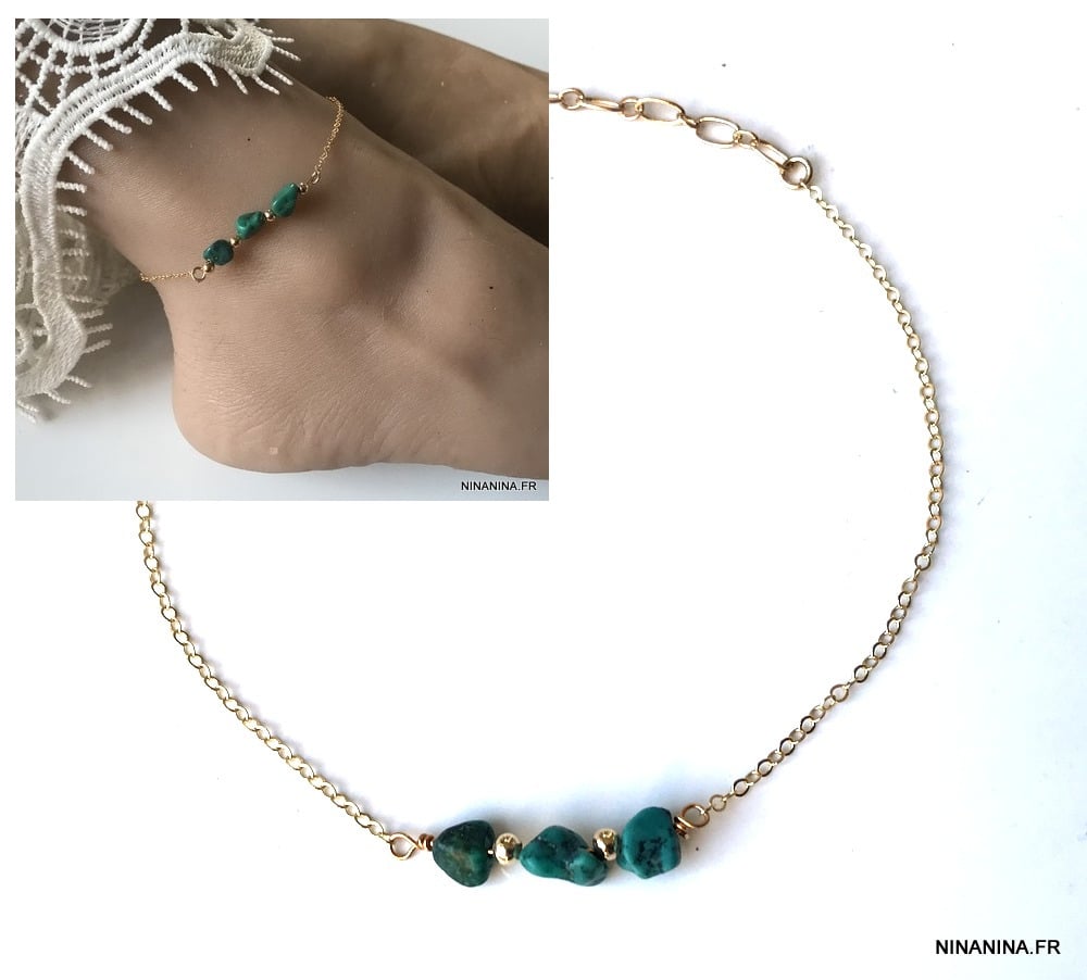 Chaine de cheville turquoise verte naturelle Plaqué Or – Image 4