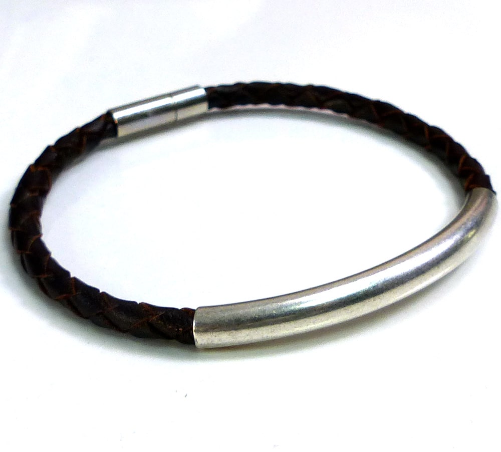 Bracelet homme cordon cuir tressé perle tube zamak – Image 3