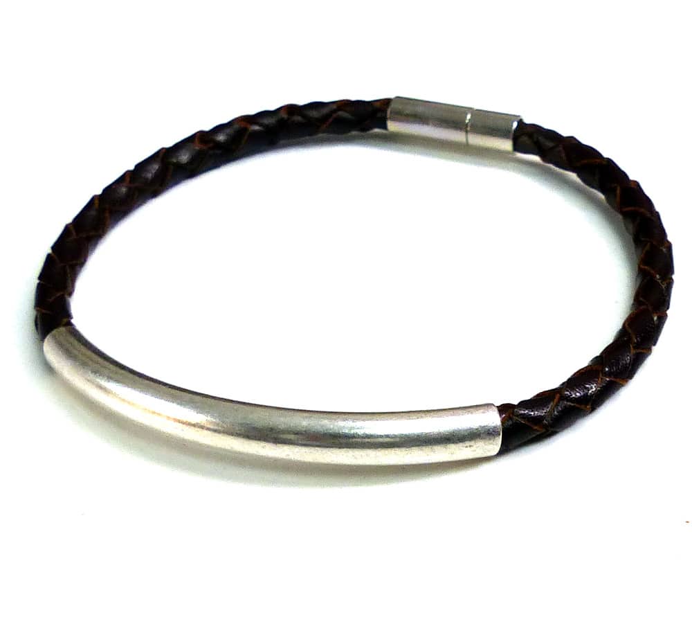 Bracelet homme cordon cuir tressé perle tube zamak – Image 5