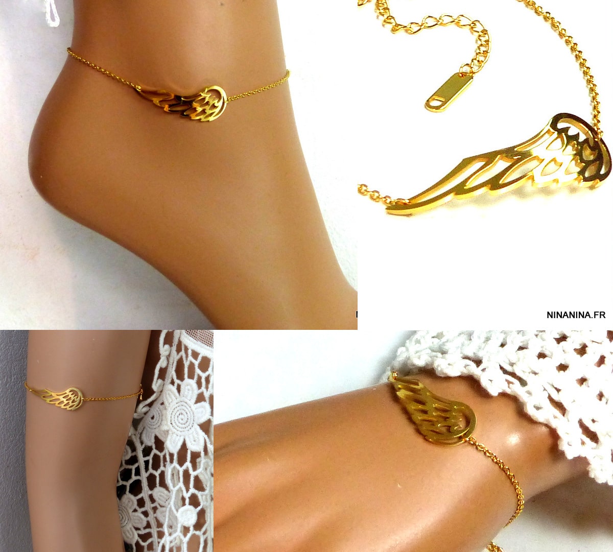 Chaine de cheville acier doré pendentif aile d’ange – Image 2