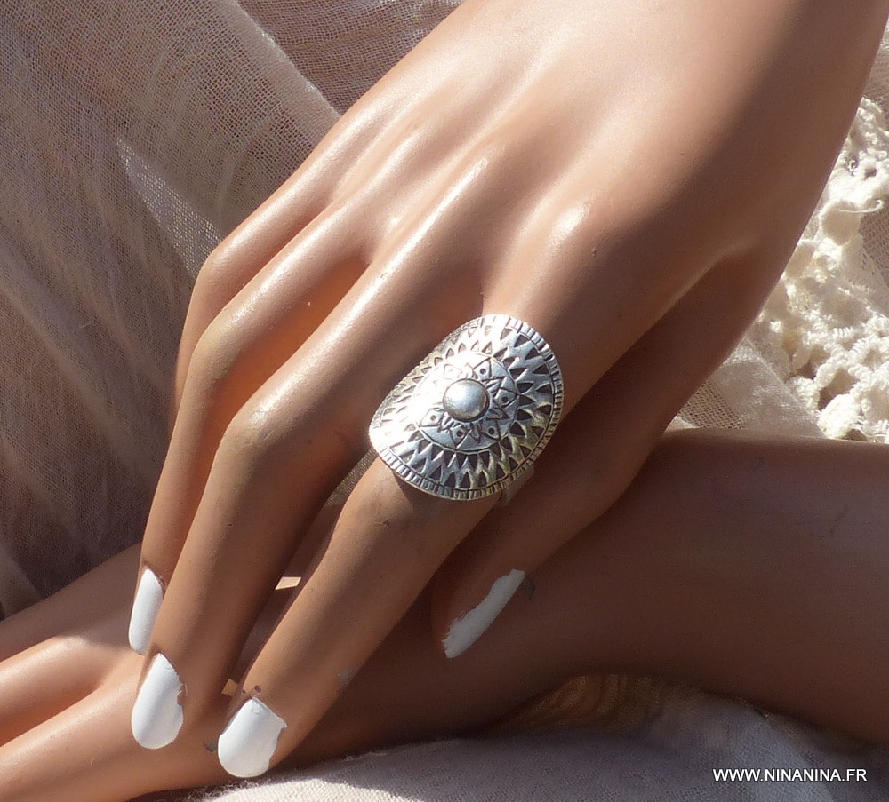 Bague mandala argent large ethnique ajustable – Image 6