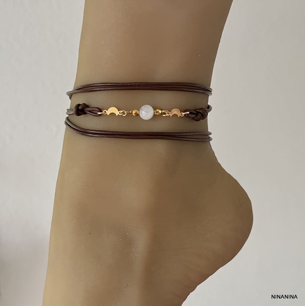 Chaine cheville cuir 3 tours pierre de lune Plaqué Or Faite main – Image 9