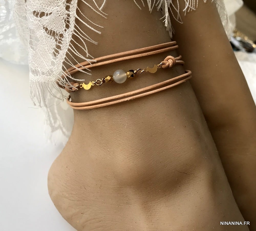 Chaine cheville cuir 3 tours pierre de lune Plaqué Or Faite main – Image 5