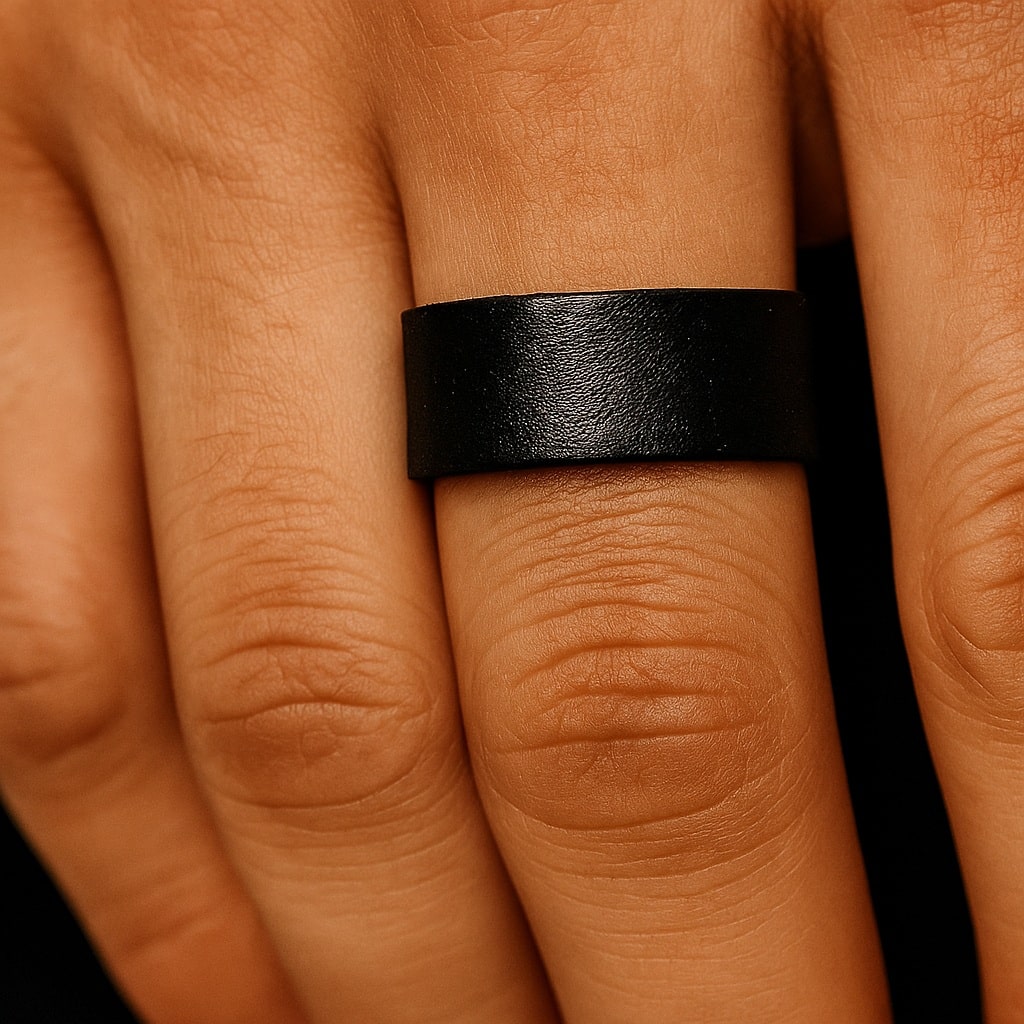 Bague en cuir minimaliste femme et homme artisanale noire – Image 7