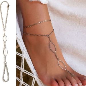 Chaine au pied femme boheme losange Acier inoxydable argenté artisanale