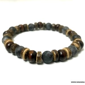 Bracelet Labradorite véritable grise mat et perles bois