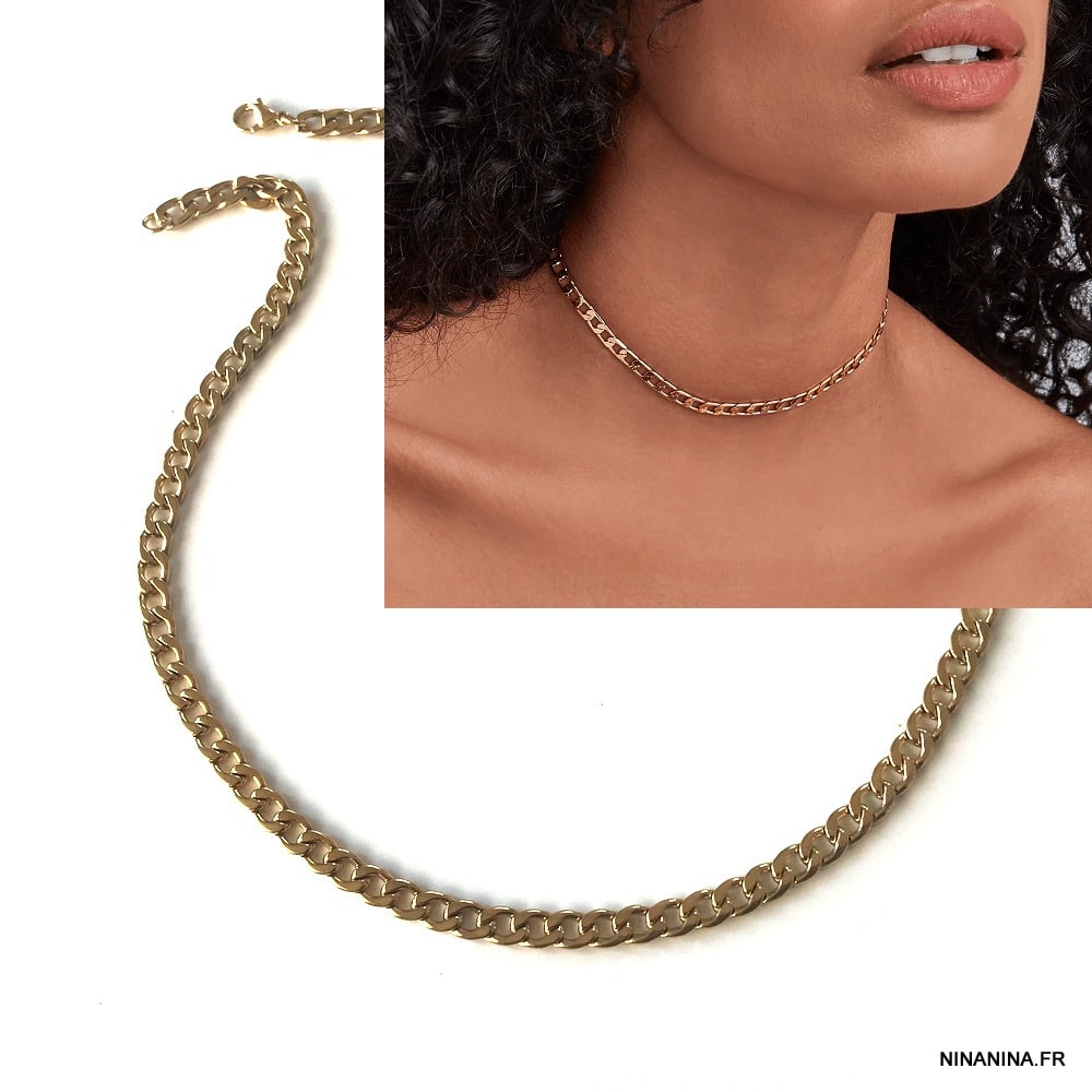 Collier ras de cou gros maillon acier inoxydable doré maille gourmette – Image 5