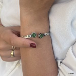 Bracelet Pierre Verte Jonc Plaqué Argent et Onyx Vert